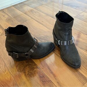 Dolce Vita Slate Gray Leather Western Ankle Boots with Strap and Silver Accents